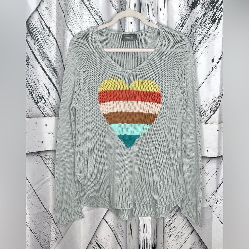 Wooden Ships Gray Striped Heart Knit Sweater Size Small/Medium